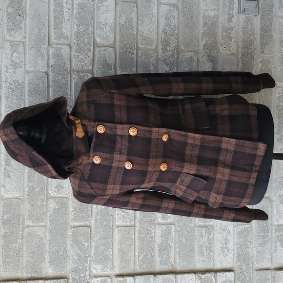 CoffeeShop Coat Womens plaid jacket size S Brown plaid wool blend flawed buckle - Picture 1 of 12